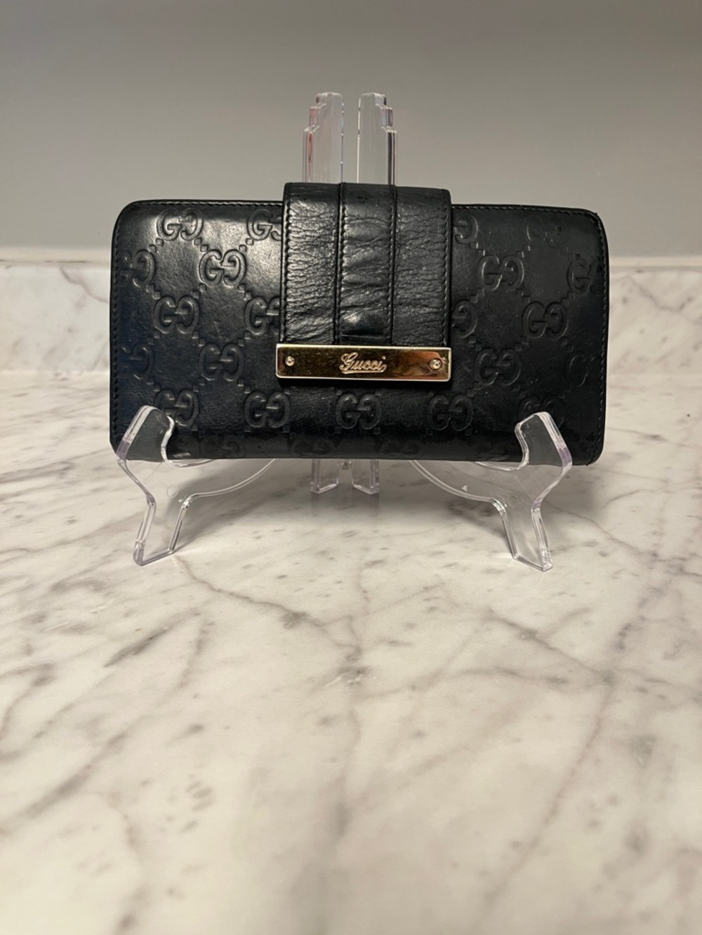 Gucci Black Embossed GG Leather Wallet with Gold Nameplate
